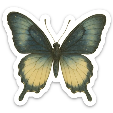 realistic whimsical black, blue and cream butterfly, natural colors, soft, fairy-like atmosphere, no background, square size sticker