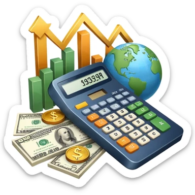 An icon featuring a calculator, a dollar sign, and a chart with upward trends, symbolizing economics. The design includes coins, bills, and a globe, representing global trade and financial systems. Transparent background highlights the study of markets, supply, and demand. sticker
