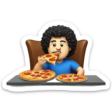 Big fat world sized white guy with black curly hair eating a pizza  sticker