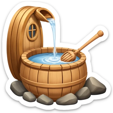 Ladle pouring water onto sauna rocks with steam sticker