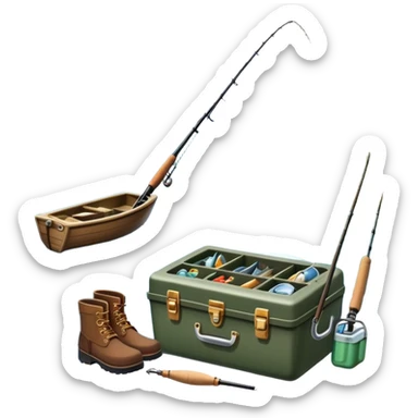 Icon for Fishing: a boat on the shore of a peaceful water body with a beautiful natural landscape, a fishing tackle box, a spinning rod, and boots nearby. The icon should capture the tranquility and gear of a fishing adventure. Without frame. Transparent background. sticker