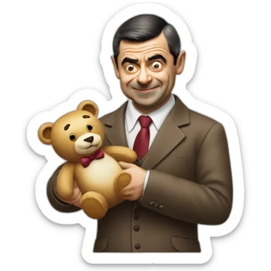 Mr bean holding his teddy like a trophy sticker