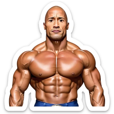 Dwayne 'The Rock' Johnson on stage at the Mr. Universe bodybuilding competition, covered in oil, flexing his powerful muscles. His physique shines under bright stage lights, showcasing his strength and dedication. The audience and judges are blurred in the background. Transparent background. sticker
