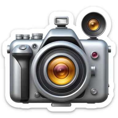 Minimal emoji icon of a huge cinematic metalic camera, front view, realistic lens, no gold sticker