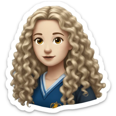 Hyper realistic White girl with long curly hair wearing a ravenclaw school inform sticker