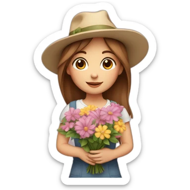 white skin, Girl with a hat, brown hair straight to the shoulders, holding a bouquet of flowers sticker