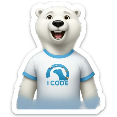 happy polar bear wearing "i code" t-shirt sticker