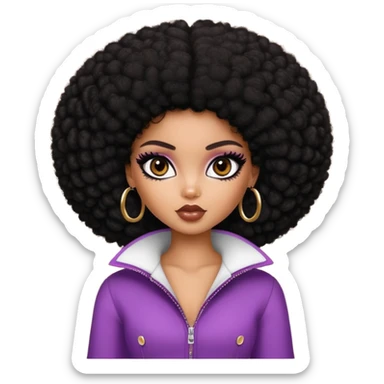 pretty bratz girl, dark black big afro, dark brown eyes, y2k fashion, black eyeliner, deep brown skin sticker