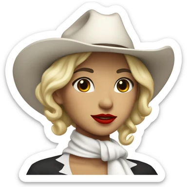 cowgirl with a white hat and white ASCOT scarf and blonde short hair with red lipstick sticker