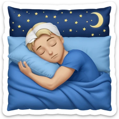 A young muscular male with short dark-blonde hair and medium-light skin, wearing blue cloth. He sleeps on his side, holding a soft white pillow, his head on a smooth blue pillow. A sleeping symbol floats above him in the dark, nighttime scene. A flowing blue blanket with silky folds covers him. sticker