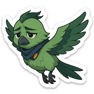 anime style green bird inspired by Valorant agent Falko, flying and looking sad sticker