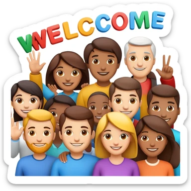 generate realistic detailed group of people with text welcome 3d style sticker