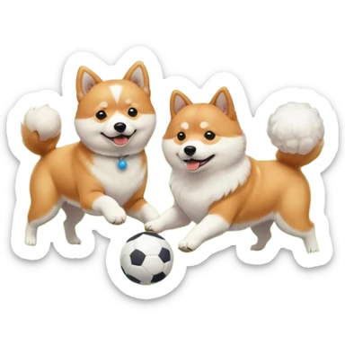2 dogs, one ginger shiba inu and one white coton de tulear, playing with a ball in a sunny garden sticker