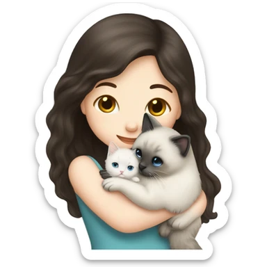Dark-haired white girl hugging seal colorpoint ragdoll kitten sticker