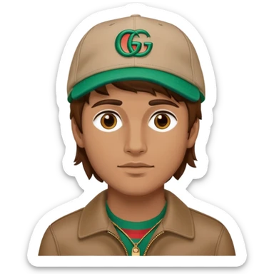 man with medium-length brown hair, wearing a Gucci cap sticker