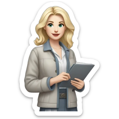 pale skin woman interior designer with cold blonde middle length hair, blue eyes, White blouse, Gray oversize jacket, Gray skirt holding a color palette in the hands sticker