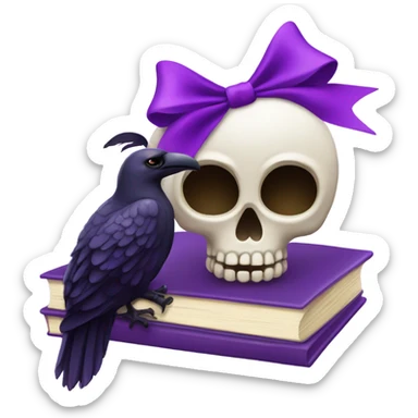 Skull with purple bow and a purple raven with purple books sticker