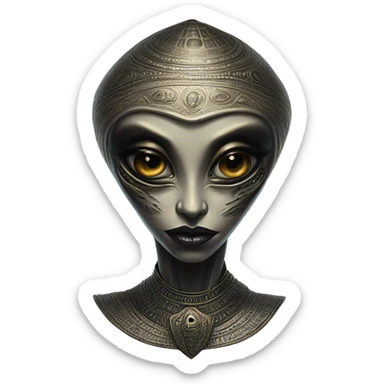 Mysterious UFO alien in Aladdin style, oil paint, black eyes, intricate lips, masterpiece portrait, beautiful, desirable, logical, Arabic sticker
