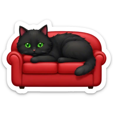 black floofy cat sleeping on the back of a red couch sticker