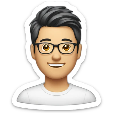 an asia man has undercut hairstyle, glasses, smiling sticker