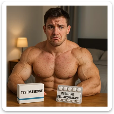 muscular young man with a box labeled 'Testosterone' and a package labeled 'Inibitore dell'aromatasi' on table, all text in Italian, uncertain expression, swollen muscles but marked skin, bedroom background, 4K quality sticker