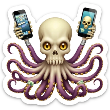 satanic octopus skeleton. Evil looking eyes, wearing a gold necklace. 2 tentacles are holding their own cellphones with one held up to its ear, 2 other tentacles are holding stacks of money sticker