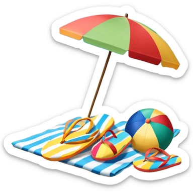 Icon for Beach Tourism: a sandy beach with a beach umbrella, with the ocean landscape in the background, flip-flops, a towel and a beach ball. The icon should capture the relaxation and fun of beach vacations. Transparent background. sticker