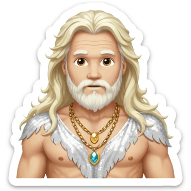 Odin from Norse Gods with long white wavy hair and beard, white sequin loincloth, shirtless with necklace sticker