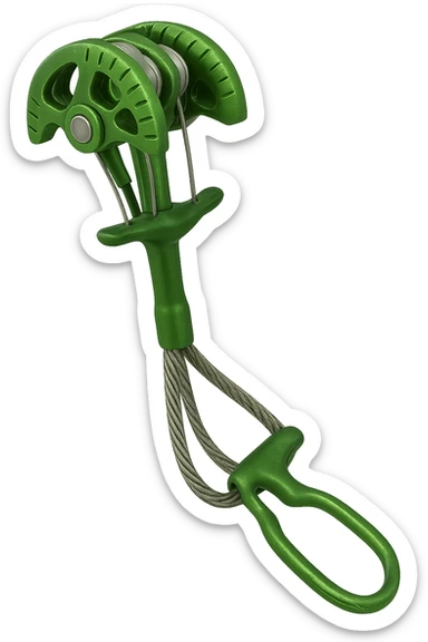 Trad climbing camming device in green, metallic, with lobes and a stem, isolated on transparent background, realistic metallic texture and details sticker
