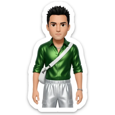Danny Wood from NKOTB with brown eyes, black hair, green metallic shirt, white metallic baggy pants, silver necklace sticker