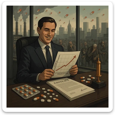 semi-realistic, dark corporate tone, metaphorical and critical atmosphere; a modern pharmaceutical executive in a luxury office overlooking a city filled with sick patients; he is smiling while reviewing charts showing profits rising as pill production increases; on his desk are pills, contracts, and a golden syringe as a trophy; in the background, factory chimneys emit capsules instead of smoke sticker
