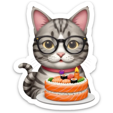 cat with cool glasses eating a birthday cake made out of sushi sticker