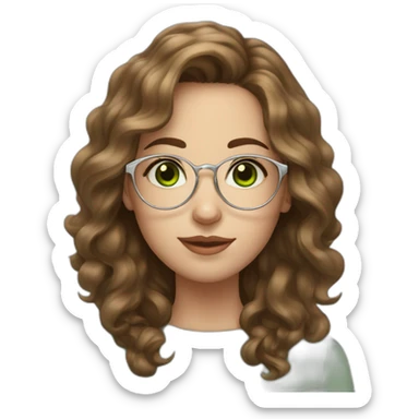 Pale young woman, brown wavy hair, green eyes, big silver sight glasses, big nose. sticker