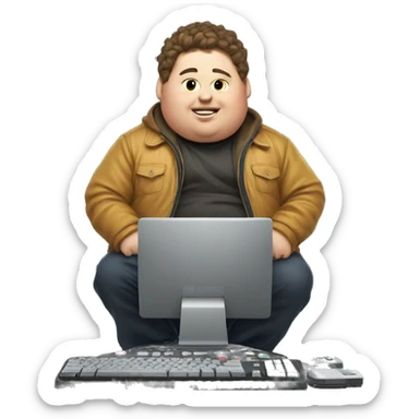 Fat kid in jacket playing on his gaming computer  sticker