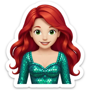 Ariel from Disney Princess with long red hair, sea green sequin outfit sticker