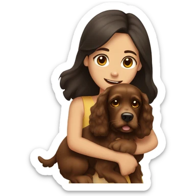 A girl with dark hair and light eyes hugs a brown spaniel sticker