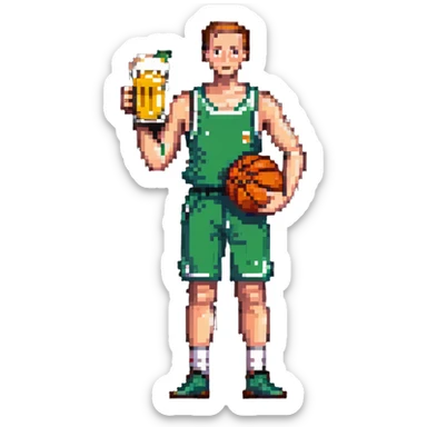 Thin man with basketball and beer sticker