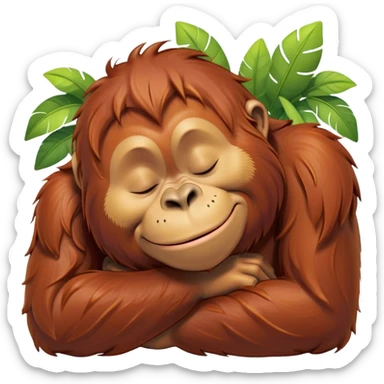 Meme-Worthy cute Sleeping Orangutan Portrait Emoji, Head resting peacefully with a contented smile, showcasing luxuriously soft fur and eyes gently closed in serene slumber, Simplified yet comically adorable features, highly detailed, glowing with a soft, drowsy jungle light, high shine, relaxed and utterly lovable, stylized with an air of playful laziness, bright and heartwarming, soft glowing outline, capturing the essence of a sleeping orangutan that feels destined to become the next viral icon of adorable rest! sticker