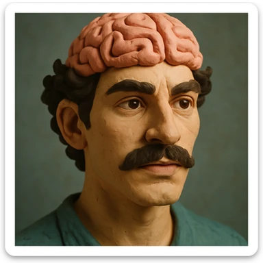 Enhance the claymation man wearing a brain by adding more depth and dimension to the image. Make him more attractive, inspired by the first version, with dark curly hair, thick mustache, light skin, claymation style, visible fingerprints, and pastel colors. sticker