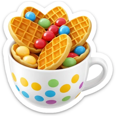 3D rendered mini Hong Kong egg waffles in a cup with colorful toppings, hyper-realistic bubbled texture, vibrant colors, glossy finish, detailed bubble pattern, playful presentation sticker