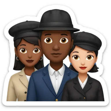 Black man with fitted hat on  with two women one black one Chinese  sticker