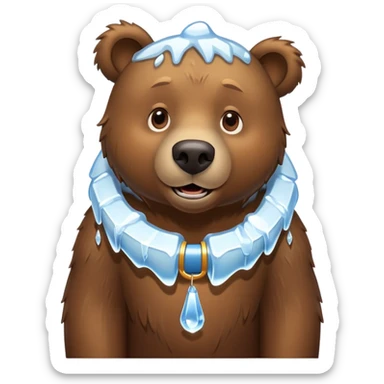 Realistic brown bear on all four legs with a large ice collar around its neck, shaped like a dog collar, with icicles hanging down from it, minimalist emoji style sticker