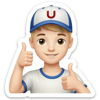 cute boy with a baseball cap that has thumbs up sticker