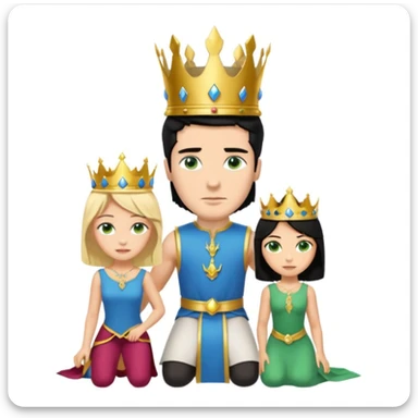 Man as king, standing, black Hair, blue eyes, female Servoamt, blonde, green eyes, shott white sleveless Dress, kneeling, background palace sticker
