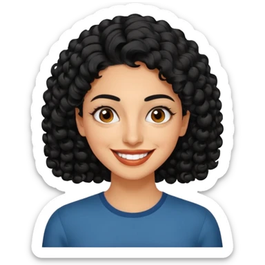 30 year old iranian woman very short curly black hair, big brown eyes, tanned skin, big smile, white teeth, pretty, stylish, shorter hair, man length hair sticker
