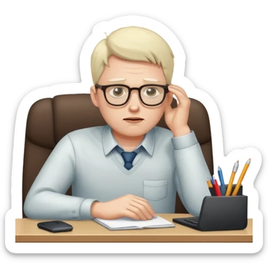 man sitting at his workplace, working hard, very tired sticker