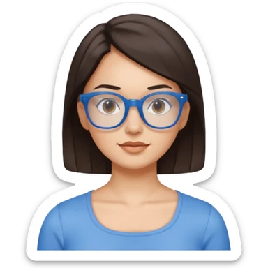 mujer de 30 años, cabello marron oscuro, ANTEOJOS CELESTE BLANCOS, top celeste escote cuadrado, piel blanca, cara redonda sticker