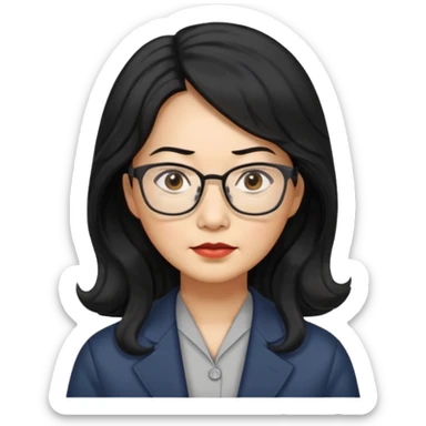 manager, middle-aged Asian woman, long wavy hair, small rectangular metal glasses, serious look sticker