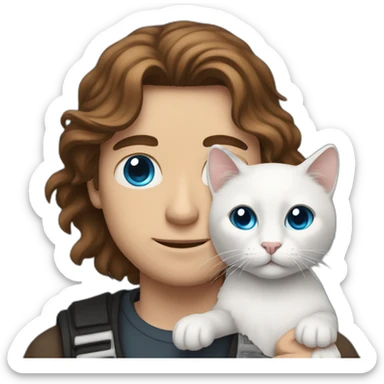 a white guy with blue eyes and long brown hair holding his white black cat sticker