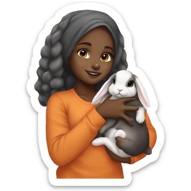 Black Muslim girl holding her 3 cute orange, gray, and mix colored holland lop bunnies sticker
